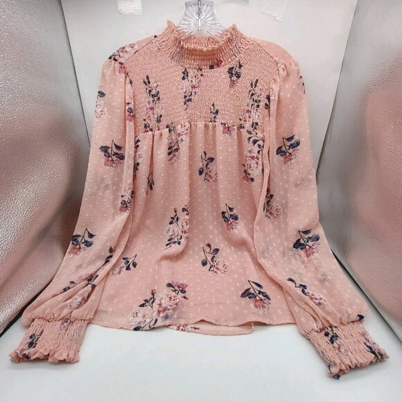 Maison D Amelie Blouse Size Medium Smocked Peach Floral Long Sleeve Fairy Whimsy - Picture 2 of 11